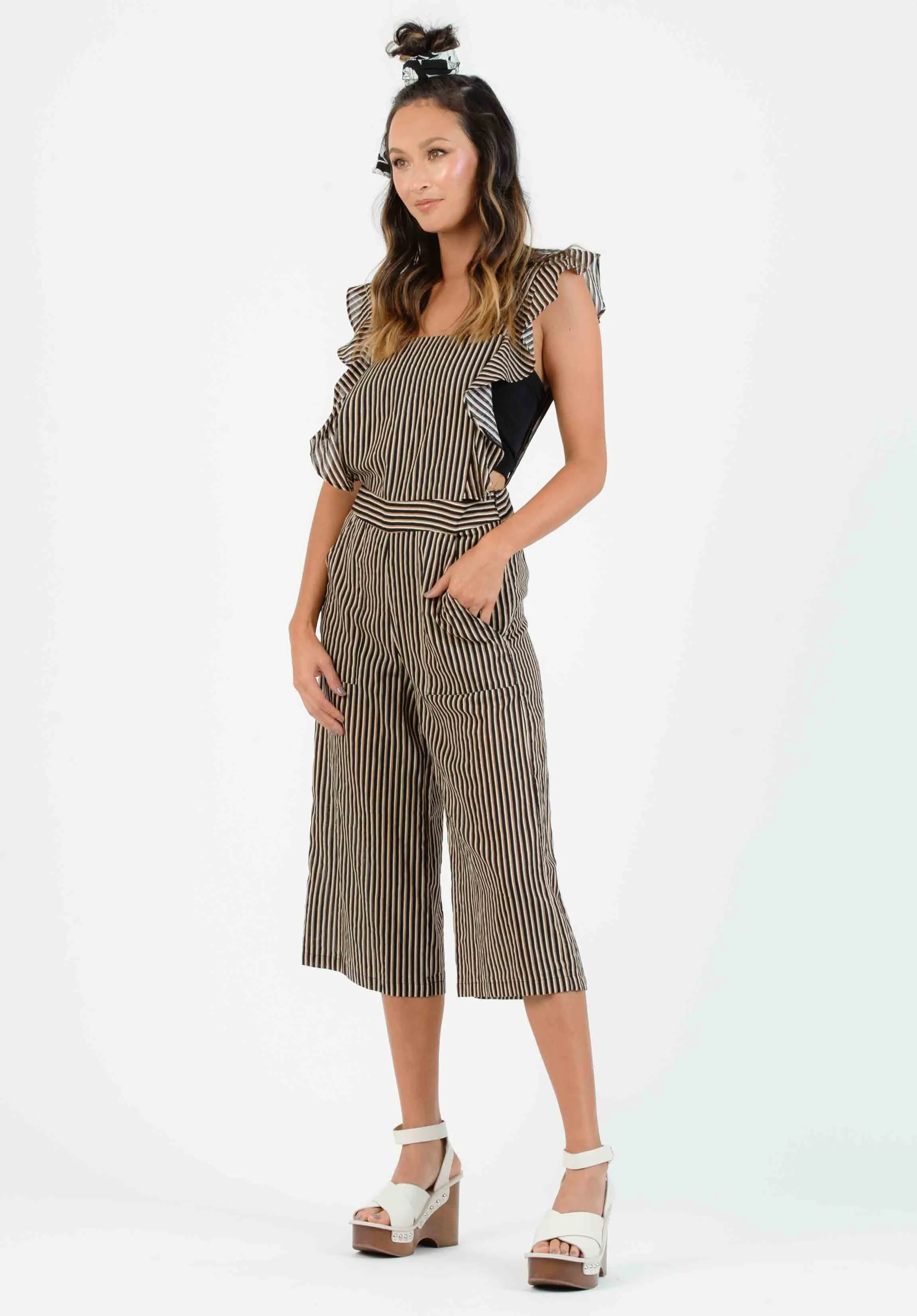 LILO RUFFLE BIB ROMPER-BLACK MULTISTRIPE sold by Lucca Couture product image thumbnail 2