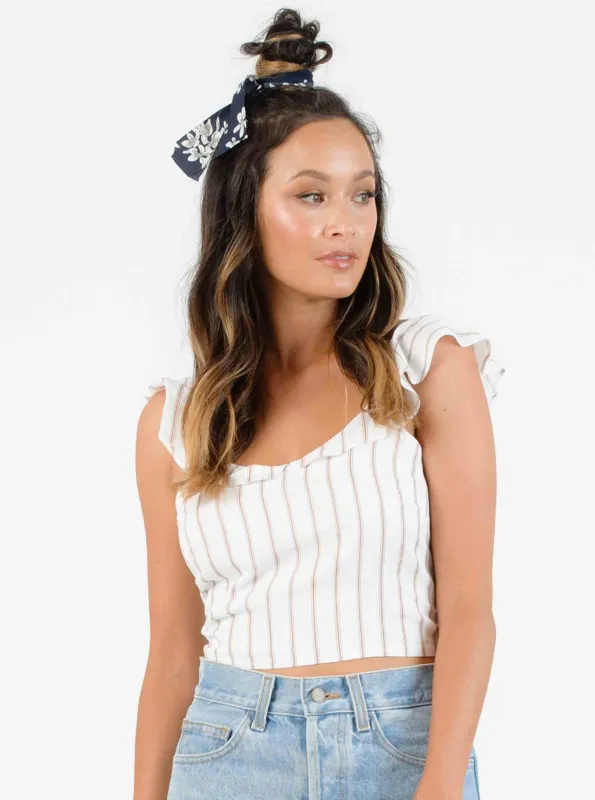 DIANA RUFFLE TIE BACK BLOUSE-WHITE/MAUVE STRIPE sold by Lucca Couture