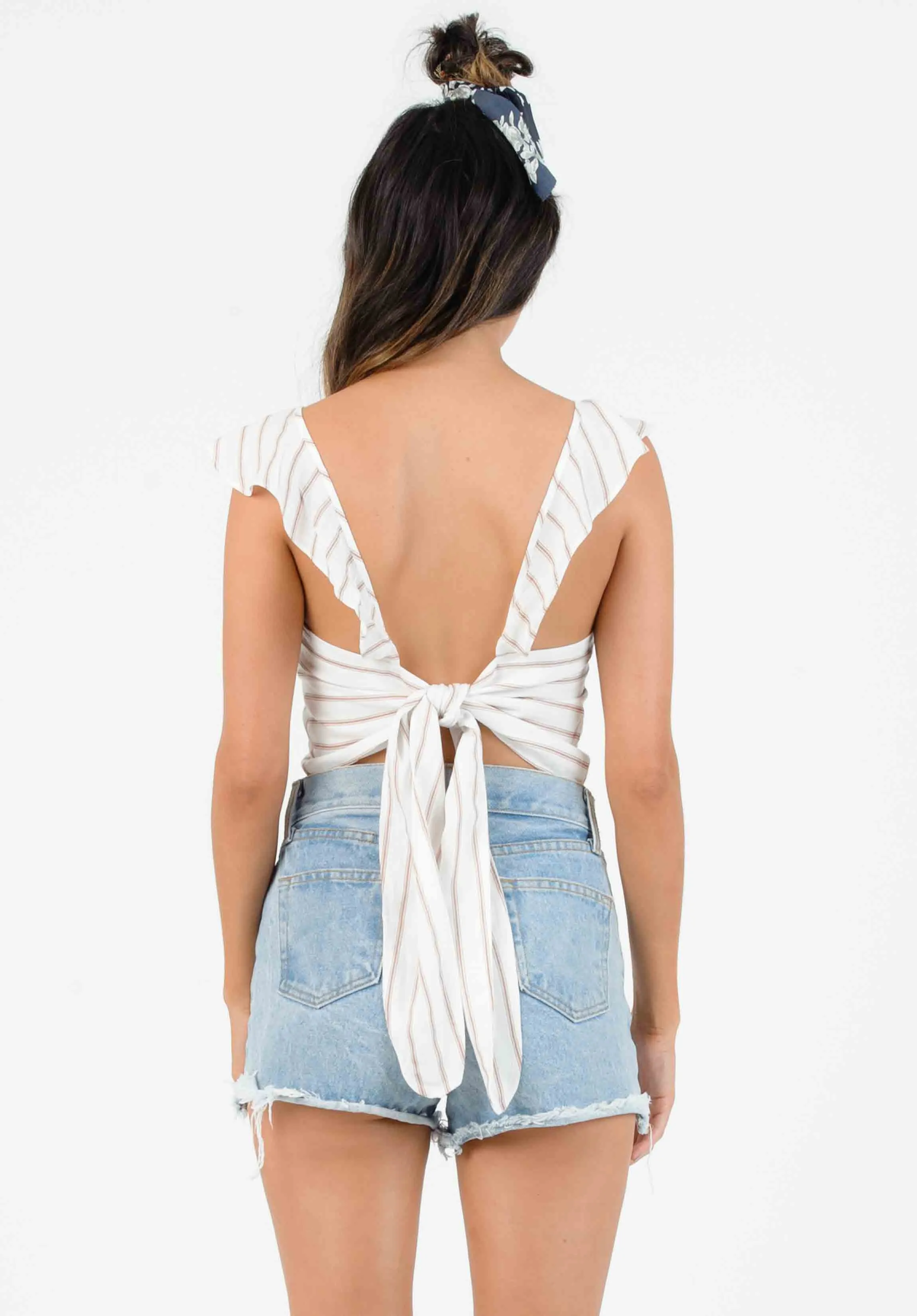DIANA RUFFLE TIE BACK BLOUSE-WHITE/MAUVE STRIPE sold by Lucca Couture product image thumbnail 3