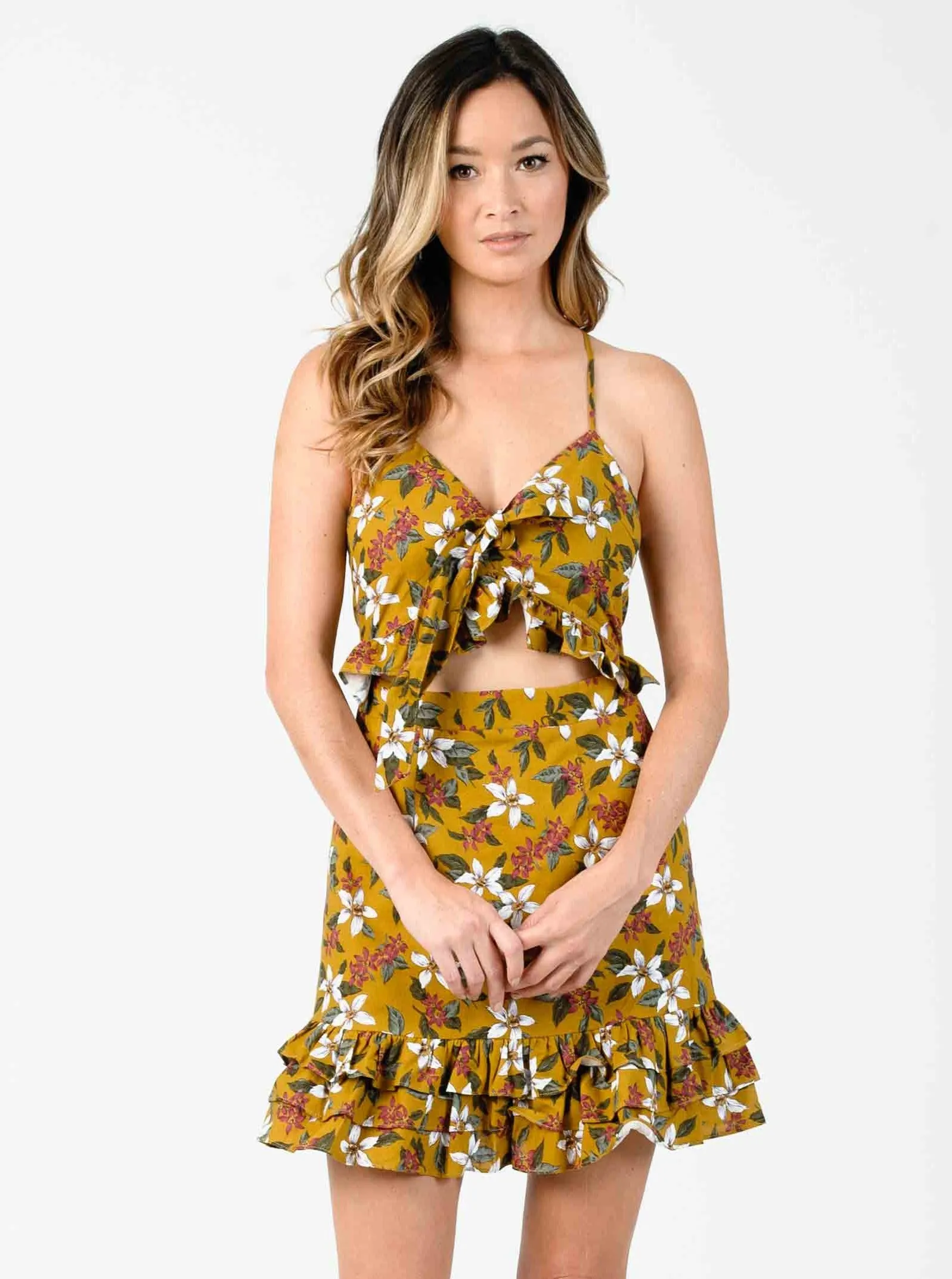 VANESSA CROSS-BACK DRESS-MUSTARD FLORAL sold by Lucca Couture