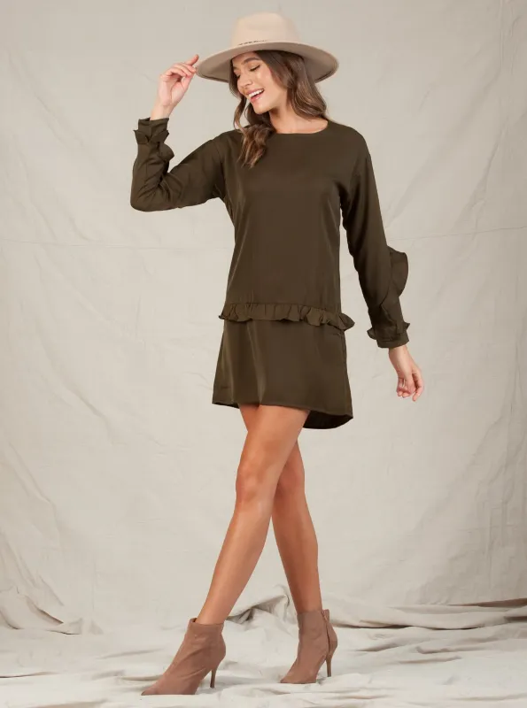NOVA RUFFLE SHIFT DRESS-OLIVE sold by Lucca Couture