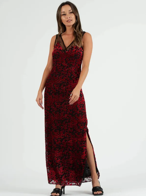 PENELOPE MESH INSET MAXI DRESS-RED VELVET FLORAL sold by Lucca Couture