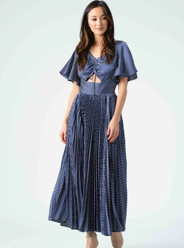 MEADOW PLEATED MIDI DRESS-NAVY POLKA DOT sold by Lucca Couture