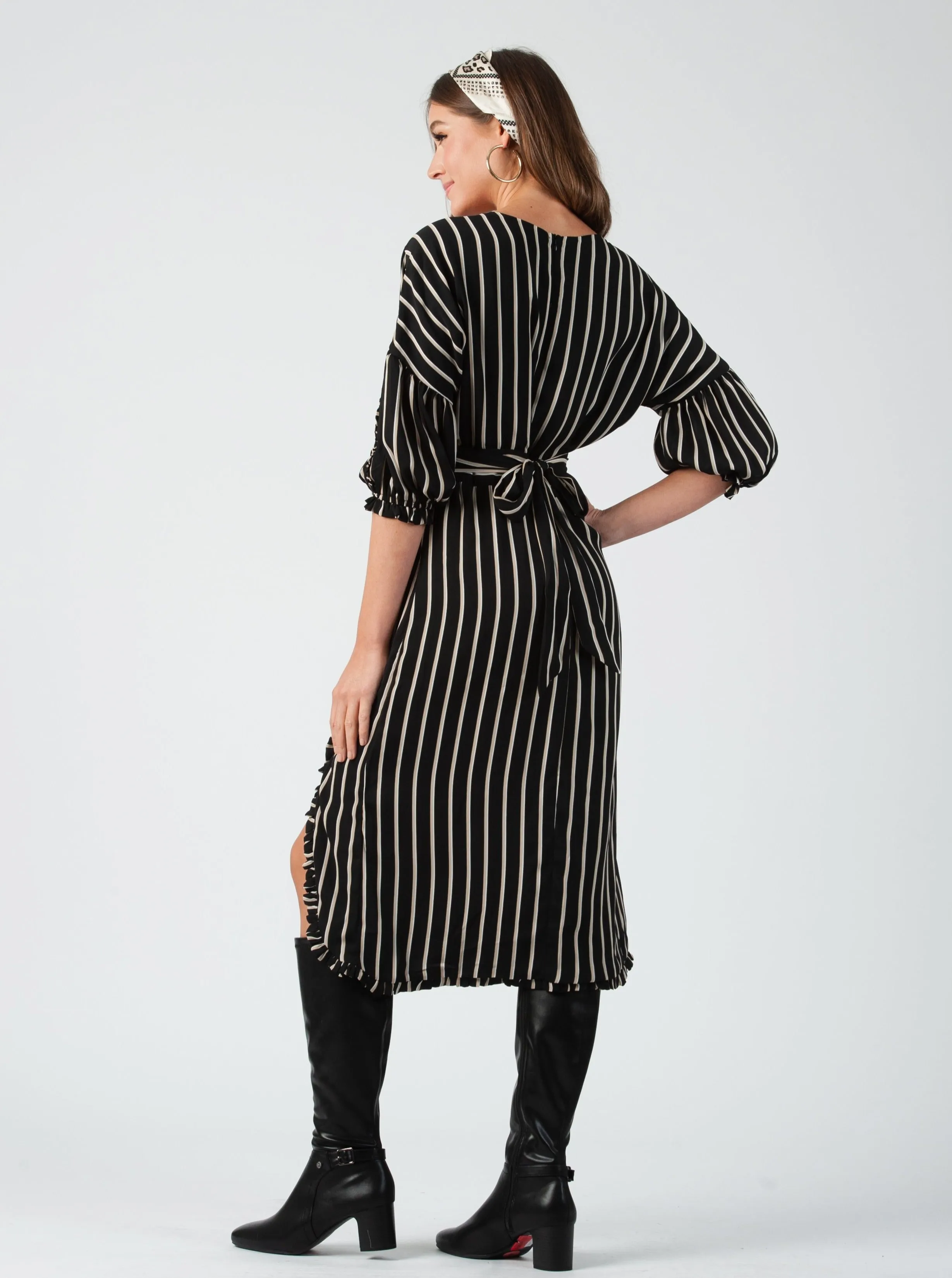 LENOX RUFFLED MAXI DRESS-BLACK TAN STRIPE sold by Lucca Couture product image thumbnail 3