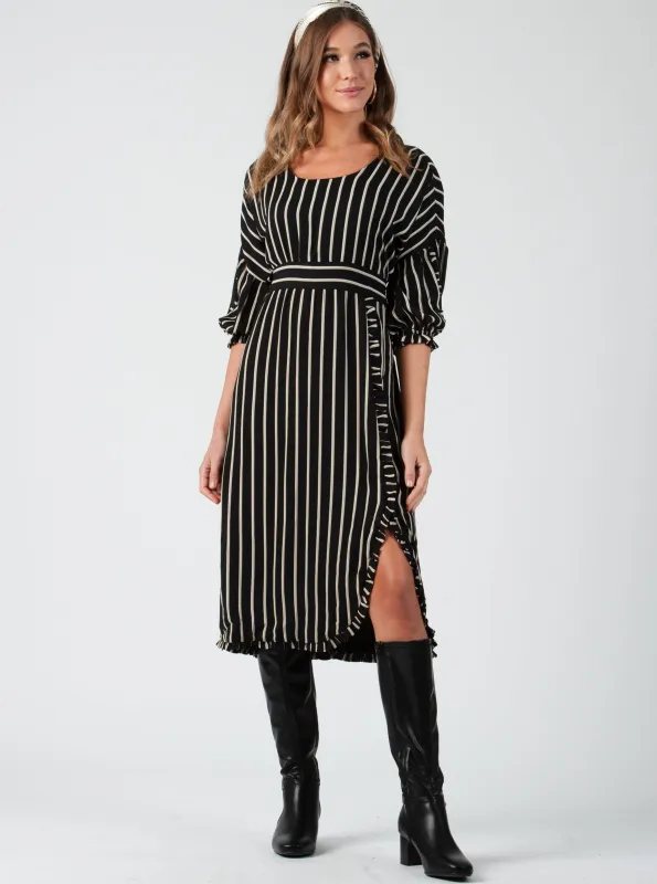 LENOX RUFFLED MAXI DRESS-BLACK TAN STRIPE sold by Lucca Couture