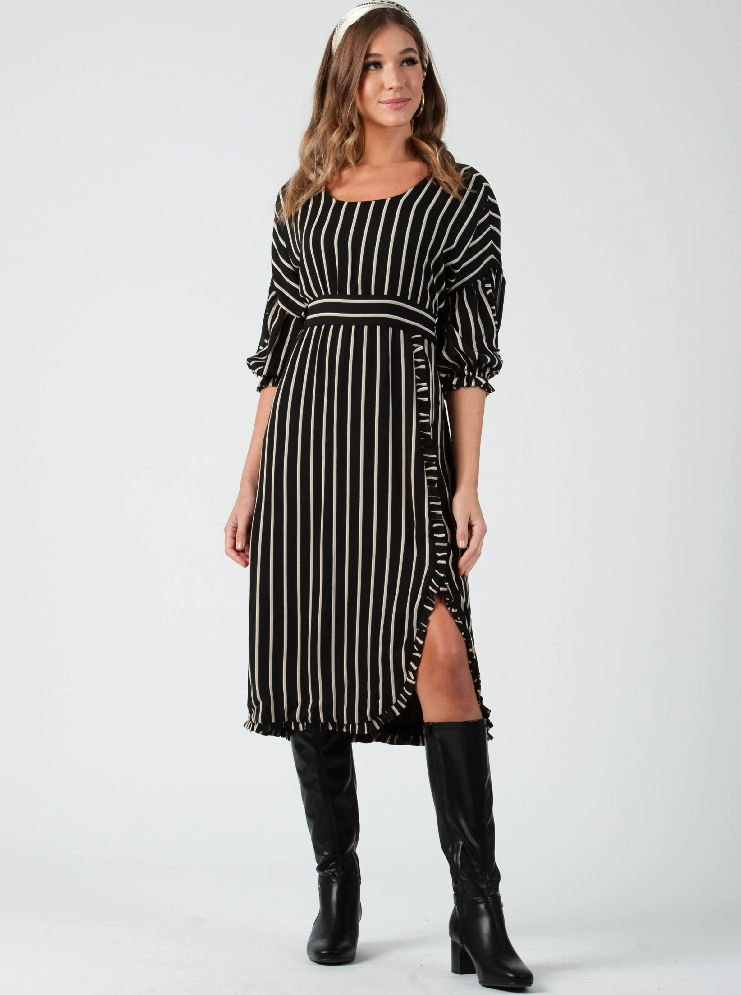 LENOX RUFFLED MAXI DRESS-BLACK TAN STRIPE sold by Lucca Couture
