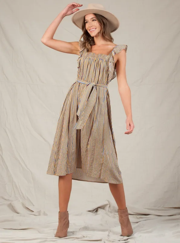 KALANI RUFFLE-STRAP TIE DRESS-MUSTARD MULTISTRIPE sold by Lucca Couture