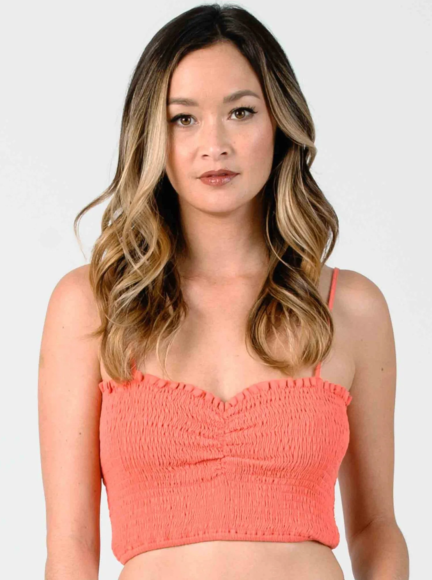 LOLA SMOCKED CROP TOP-CORAL sold by Lucca Couture
