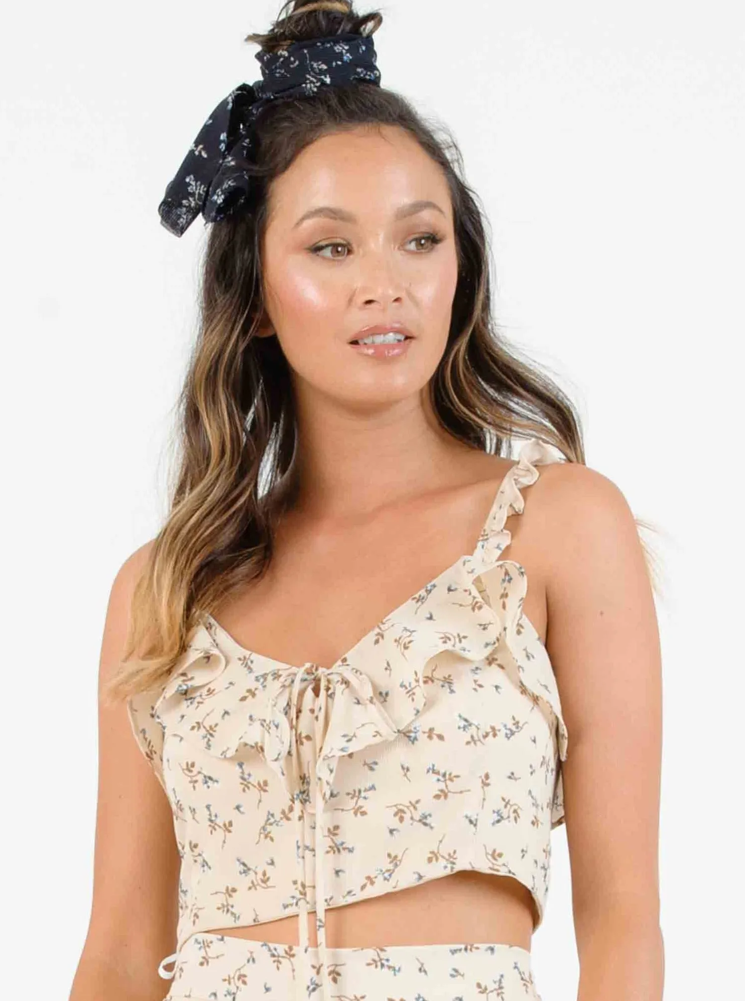 HYGEIA RUFFLE STRAP TOP-TAN MINI FLORAL sold by Lucca Couture