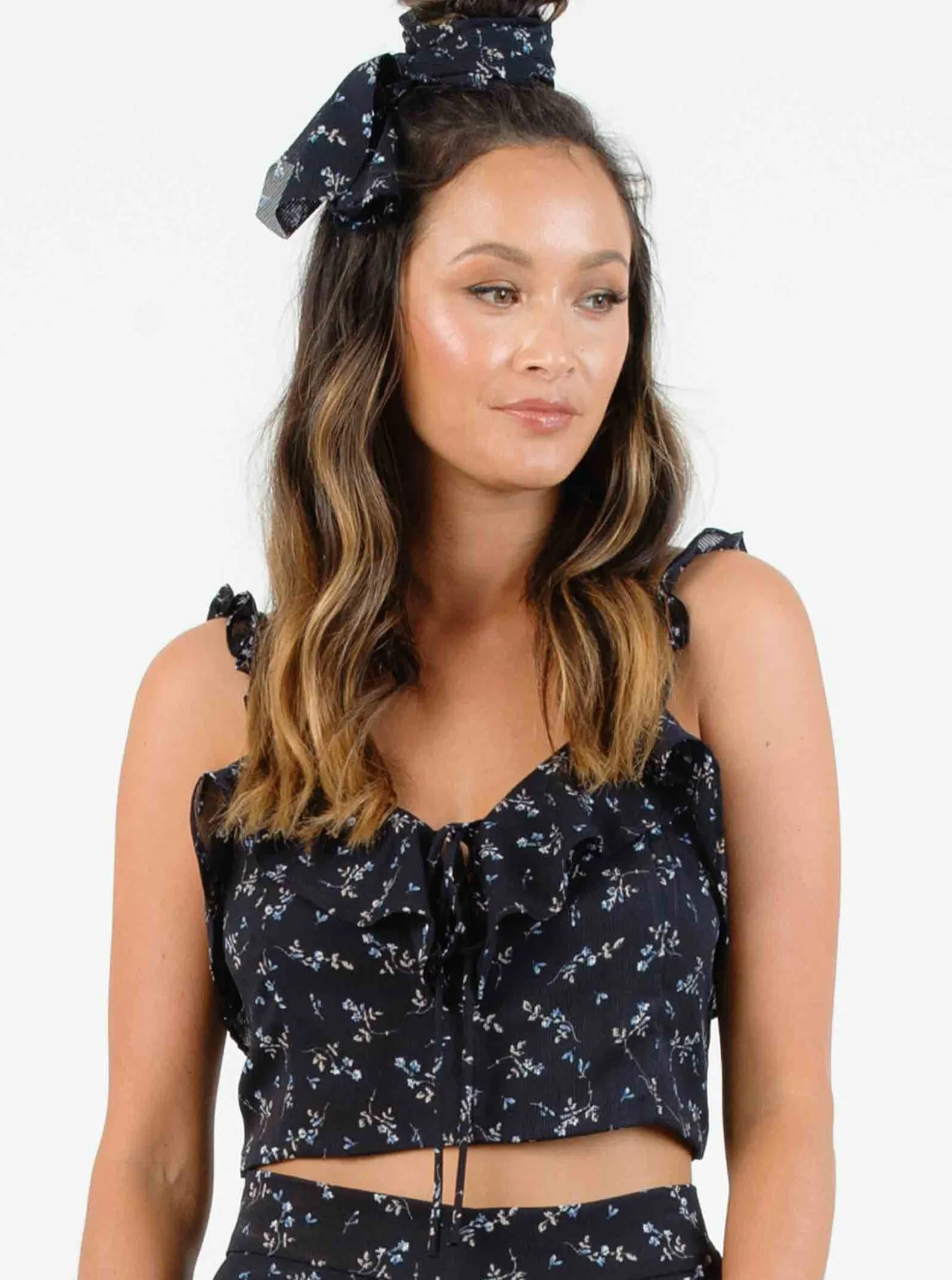 HYGEIA RUFFLE STRAP TOP-NAVY MINI FLORAL sold by Lucca Couture