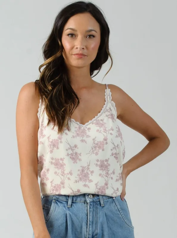 HELIOTROPE LACE TRIM CAMI TOP-CREAM FLORAL sold by Lucca Couture