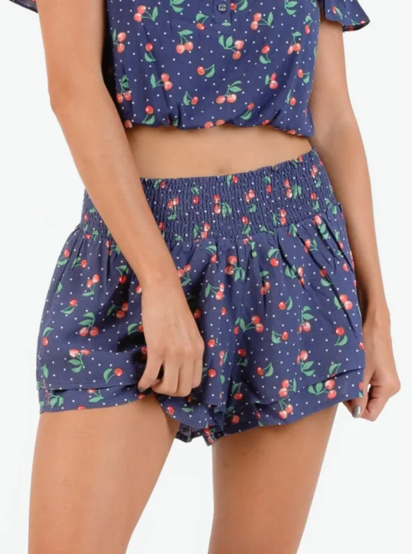 HADLEY FLUTTER SHORTS-NAVY CHERRY sold by Lucca Couture