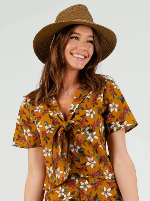 GILA TIE FRONT TOP-MUSTARD FLORAL sold by Lucca Couture