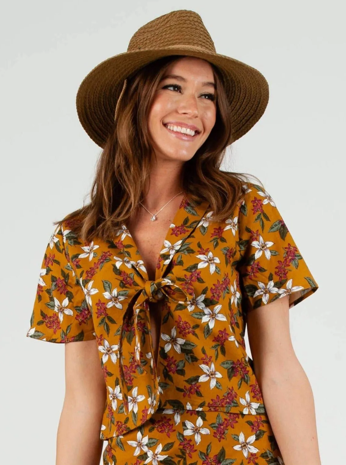 GILA TIE FRONT TOP-MUSTARD FLORAL sold by Lucca Couture