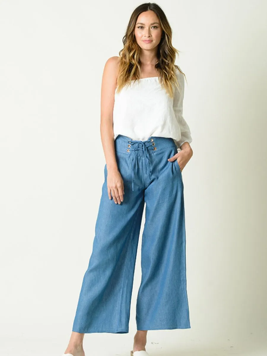 GIANNA LACE UP HIGH WAISTED CULOTTES-DENIM sold by Lucca Couture product image thumbnail 3