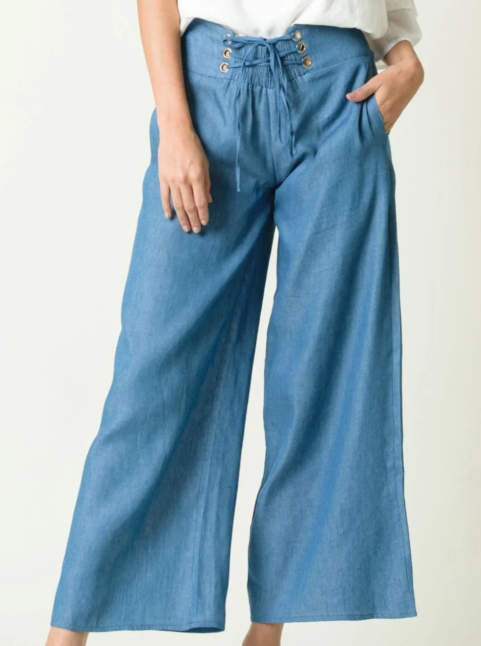 GIANNA LACE UP HIGH WAISTED CULOTTES-DENIM sold by Lucca Couture