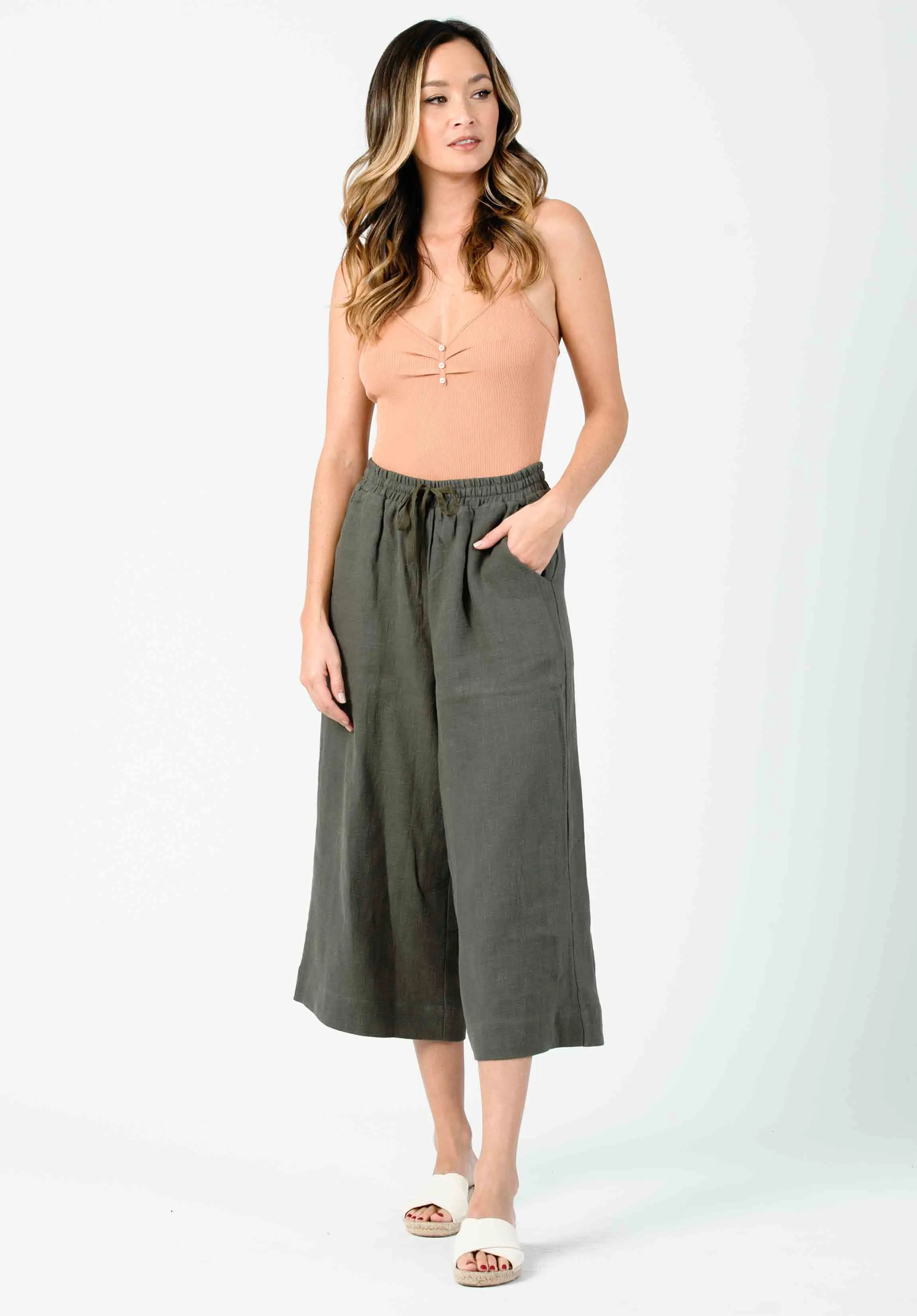 FRIDA ELASTIC WAIST PANT-GREEN LINEN sold by Lucca Couture product image thumbnail 2