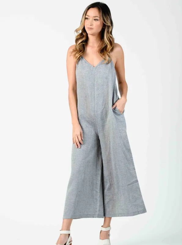 FAITH V-NECK RACER BACK JUMPSUIT-NAVY GAUZE sold by Lucca Couture