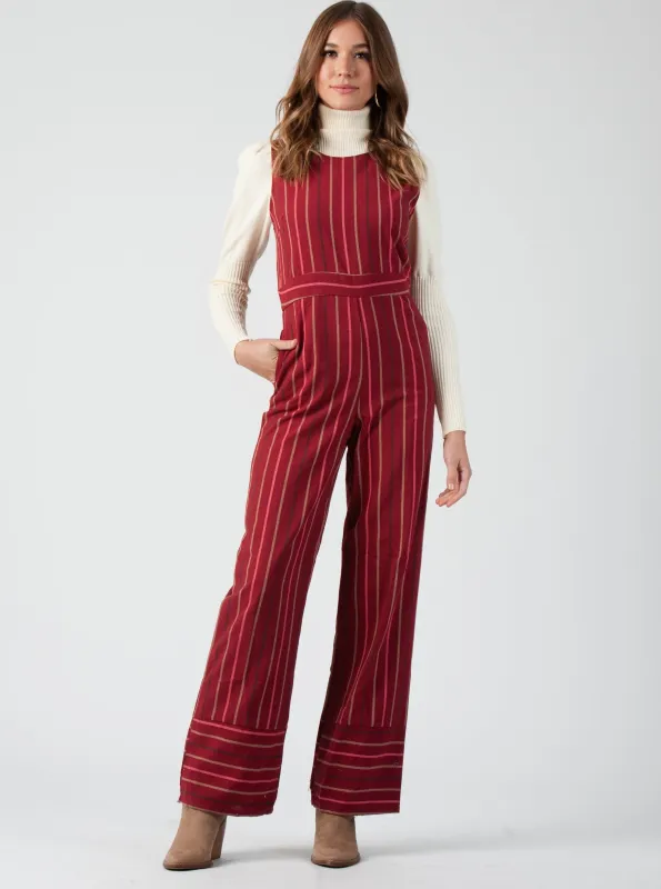 FERN JUMPSUIT-GARNET STRIPE sold by Lucca Couture