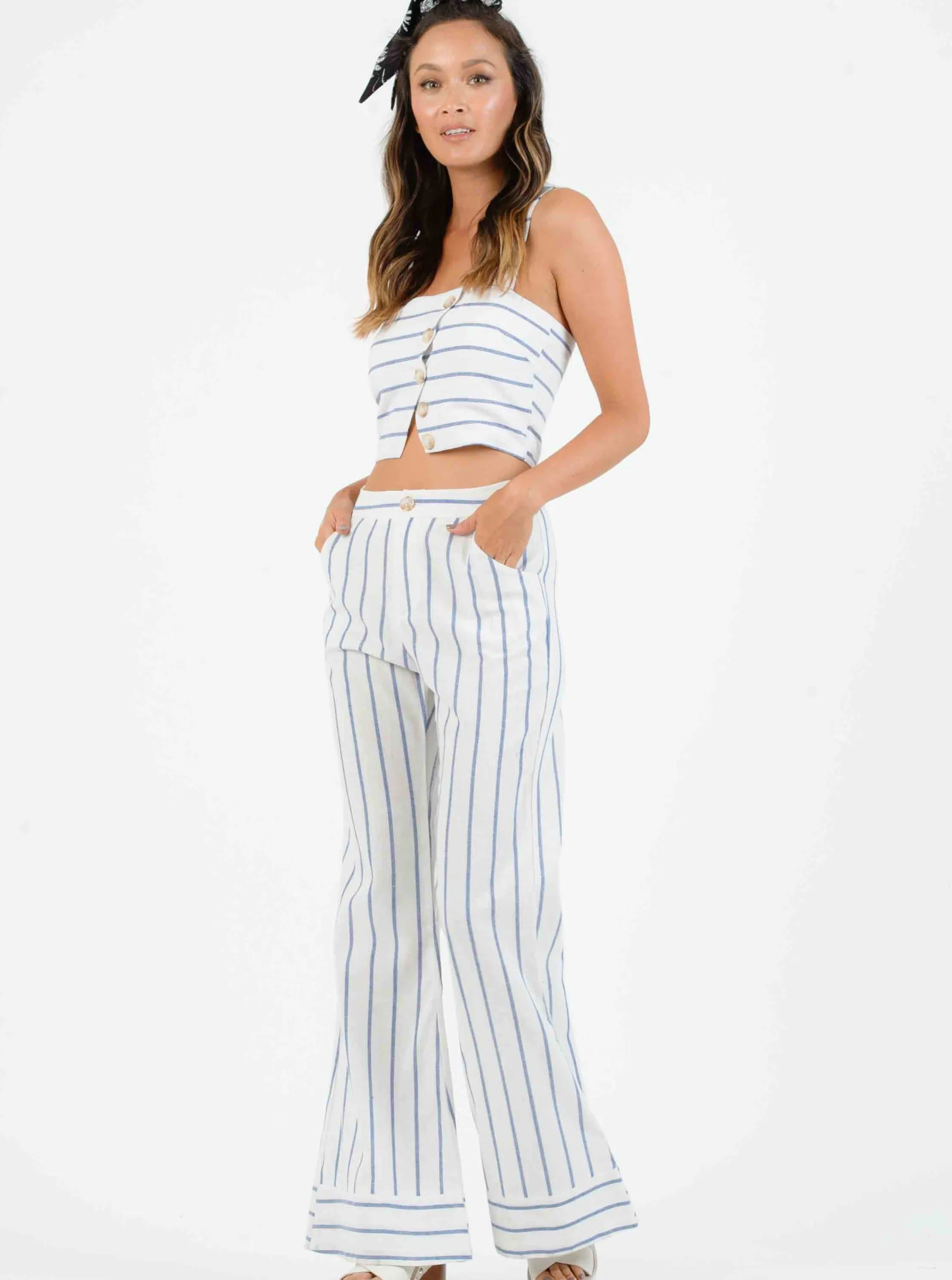 EMERY BUTTON CROP CAMI-BLUE/WHITE STRIPE sold by Lucca Couture product image thumbnail 3