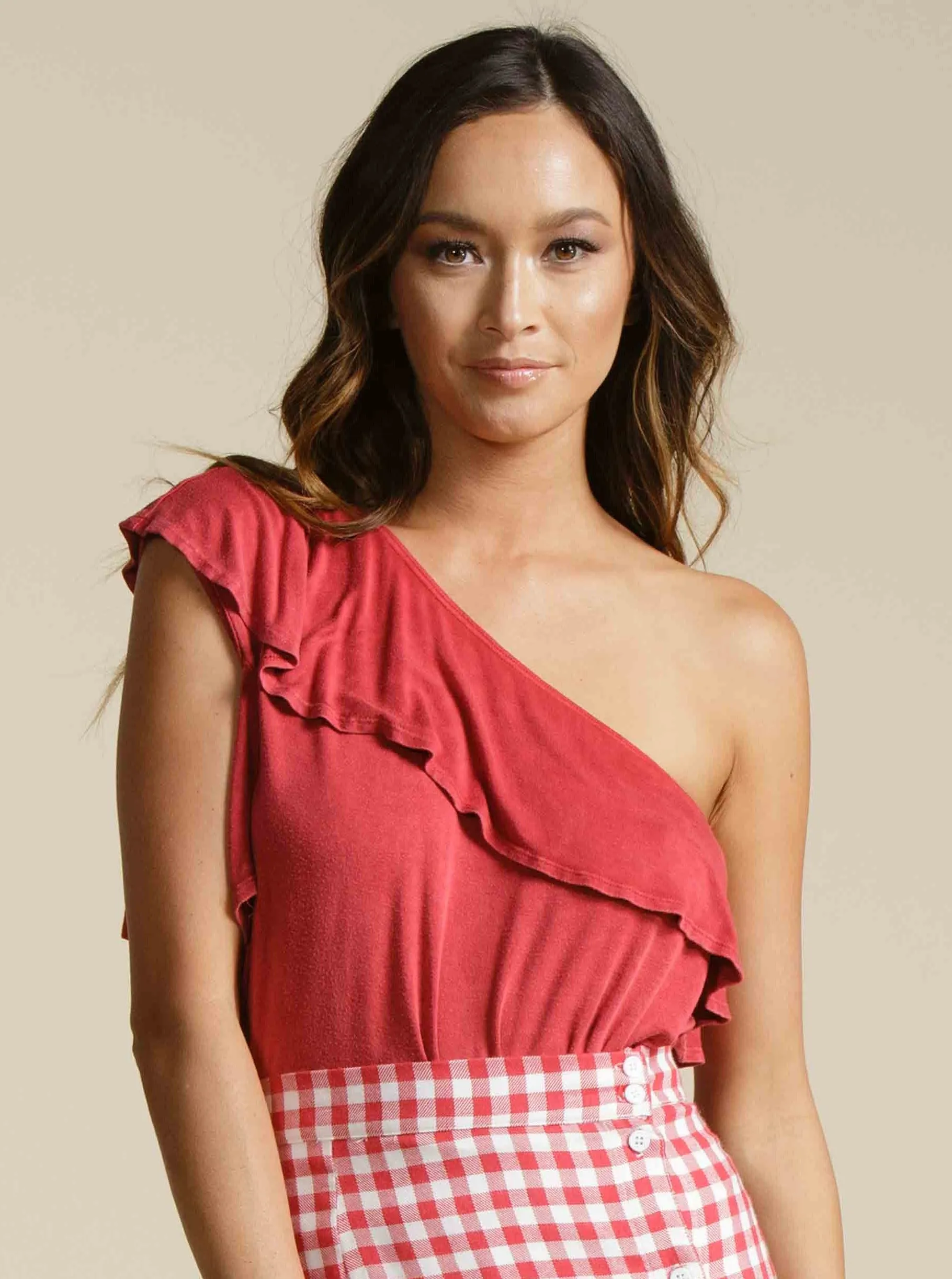 ELAINA RUFFLE OVERLAY TOP-RED sold by Lucca Couture