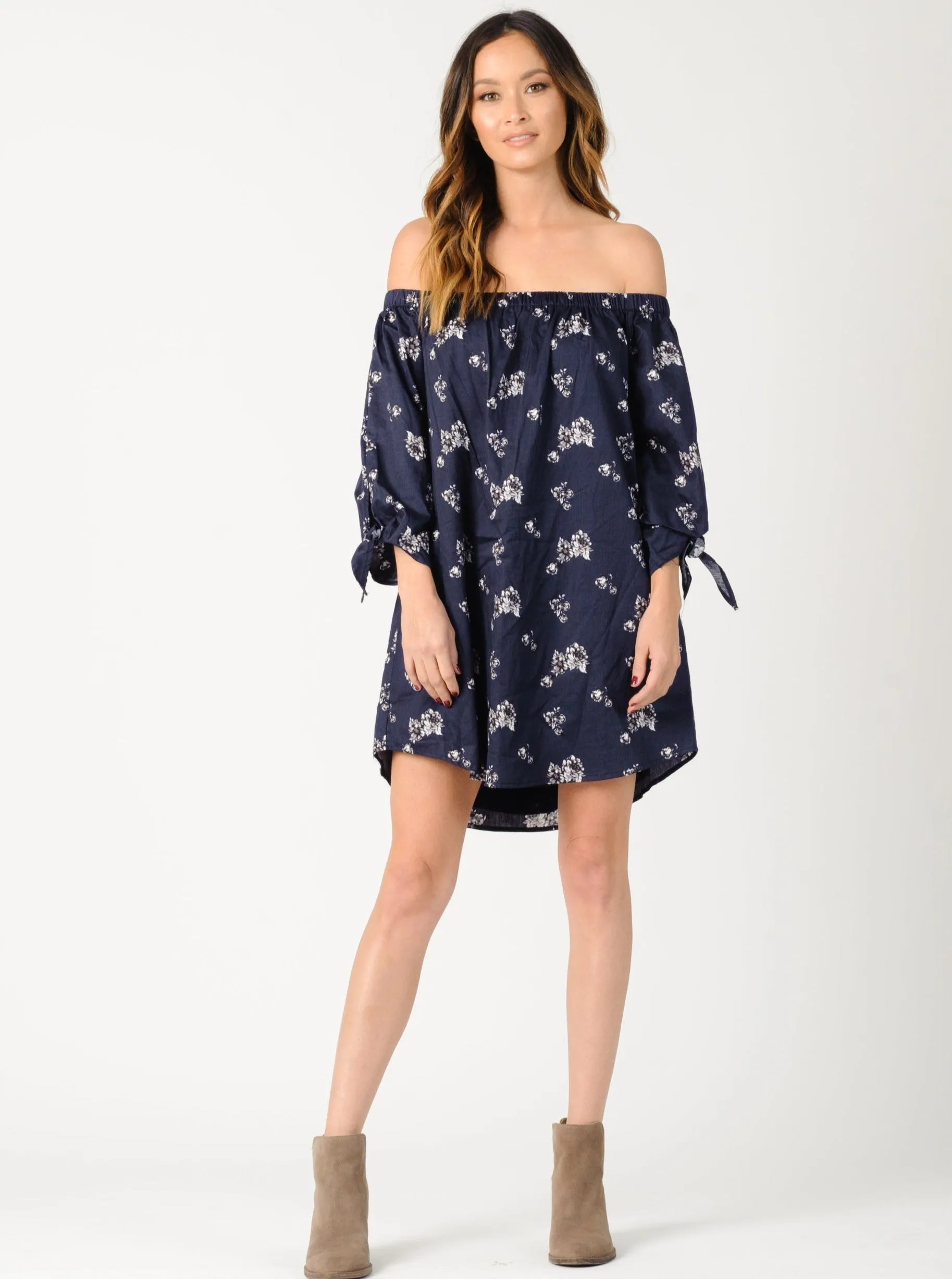 ELIANA OFF SHOULDER DRESS-NAVY FLORAL sold by Lucca Couture