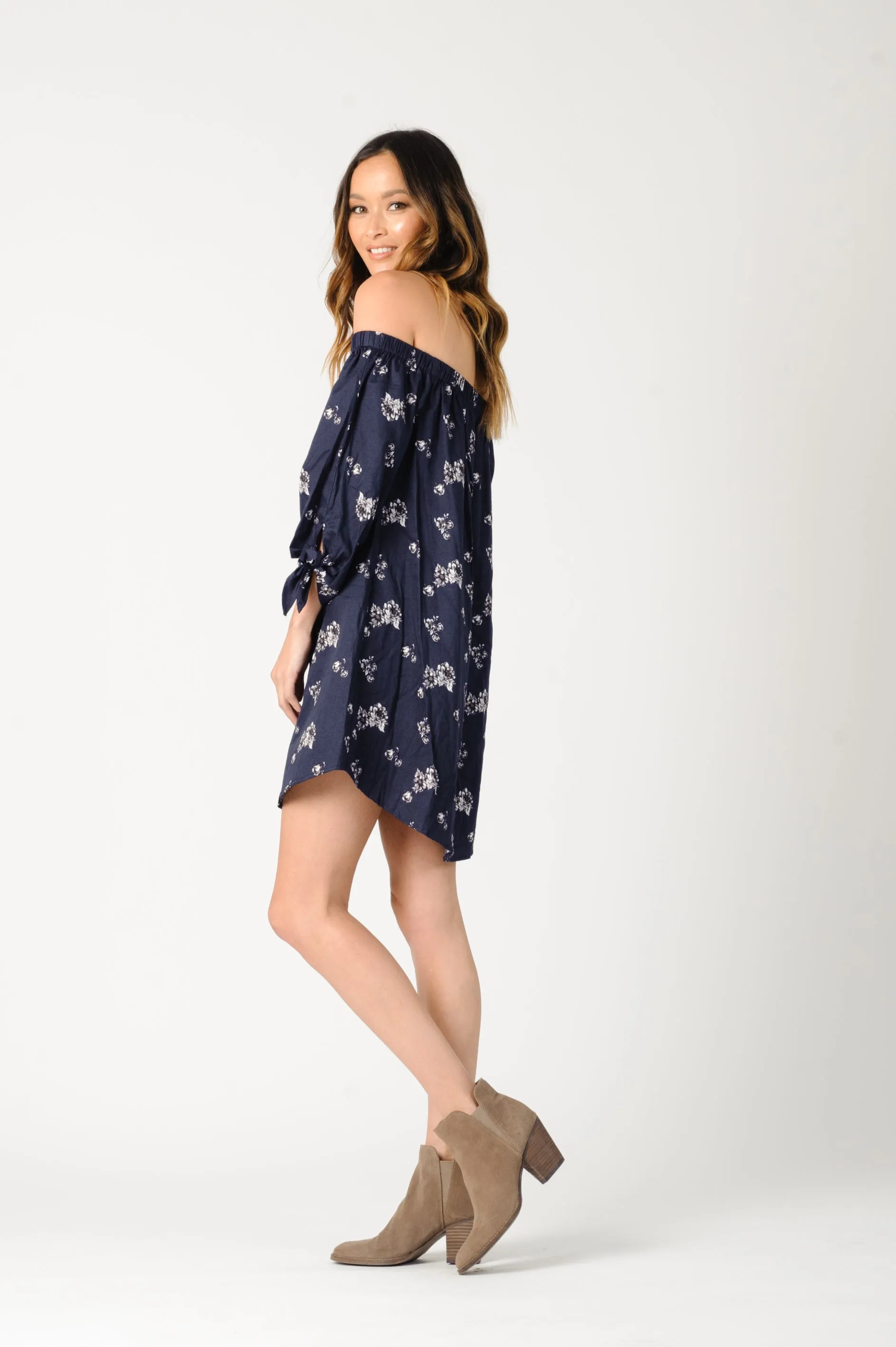 ELIANA OFF SHOULDER DRESS-NAVY FLORAL sold by Lucca Couture product image thumbnail 3