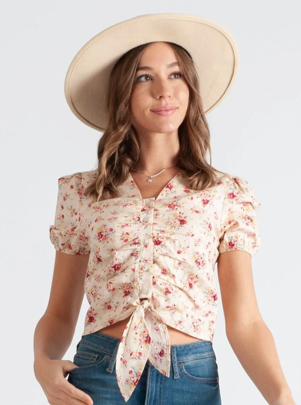 DAPHNE BUTTON TIE FRONT TOP-PEONY FLORAL sold by Lucca Couture