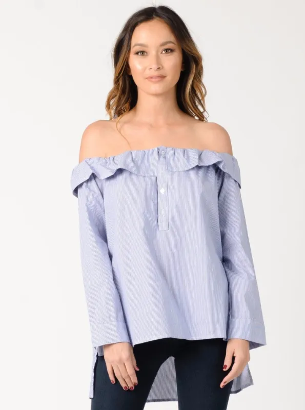 CHARLOTTE OFF SHOULDER TOP-BLUE WHITE STRIPE sold by Lucca Couture