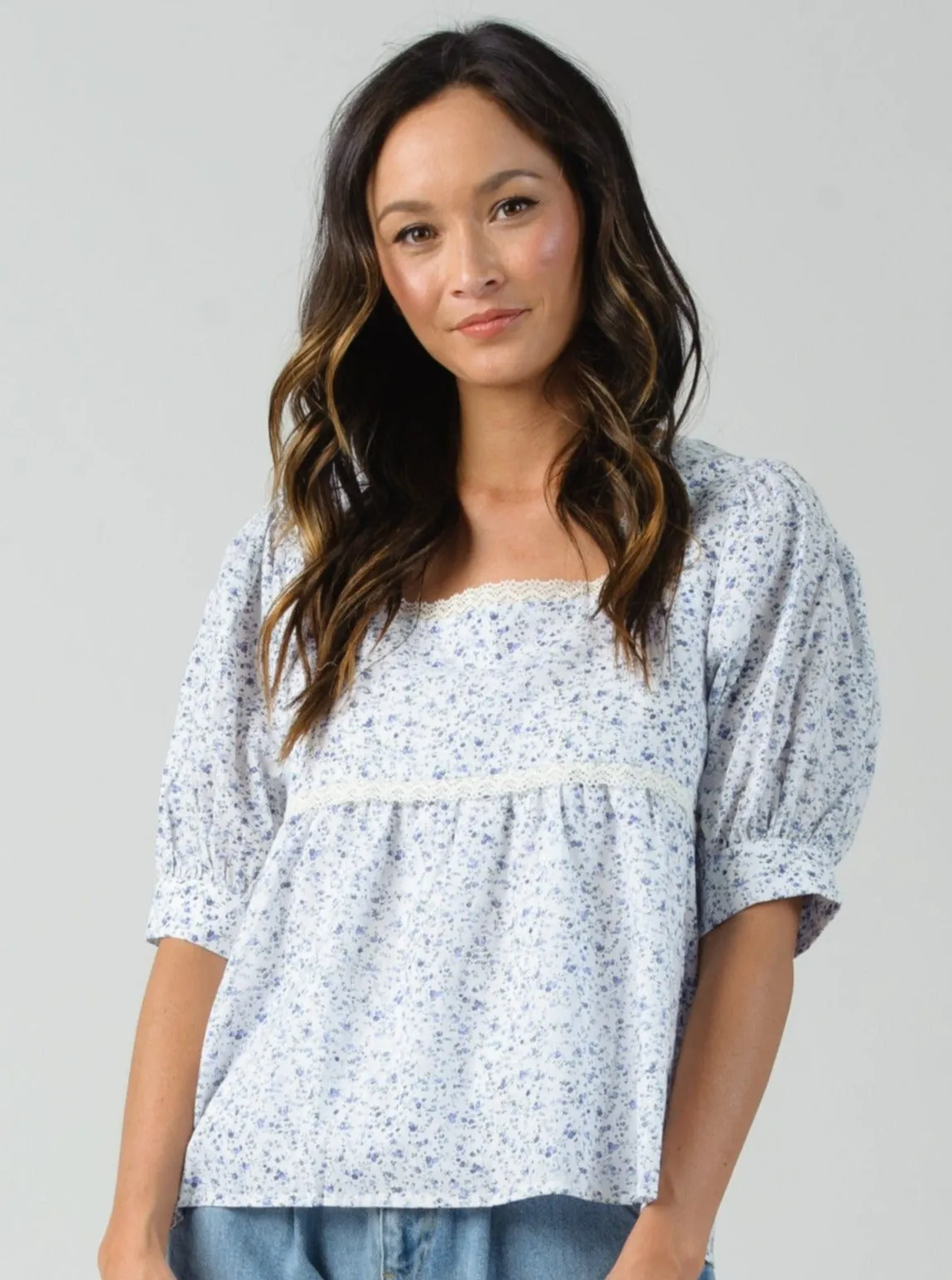 BELLADONNA LACE TRIM TOP-WHITE FLORAL sold by Lucca Couture