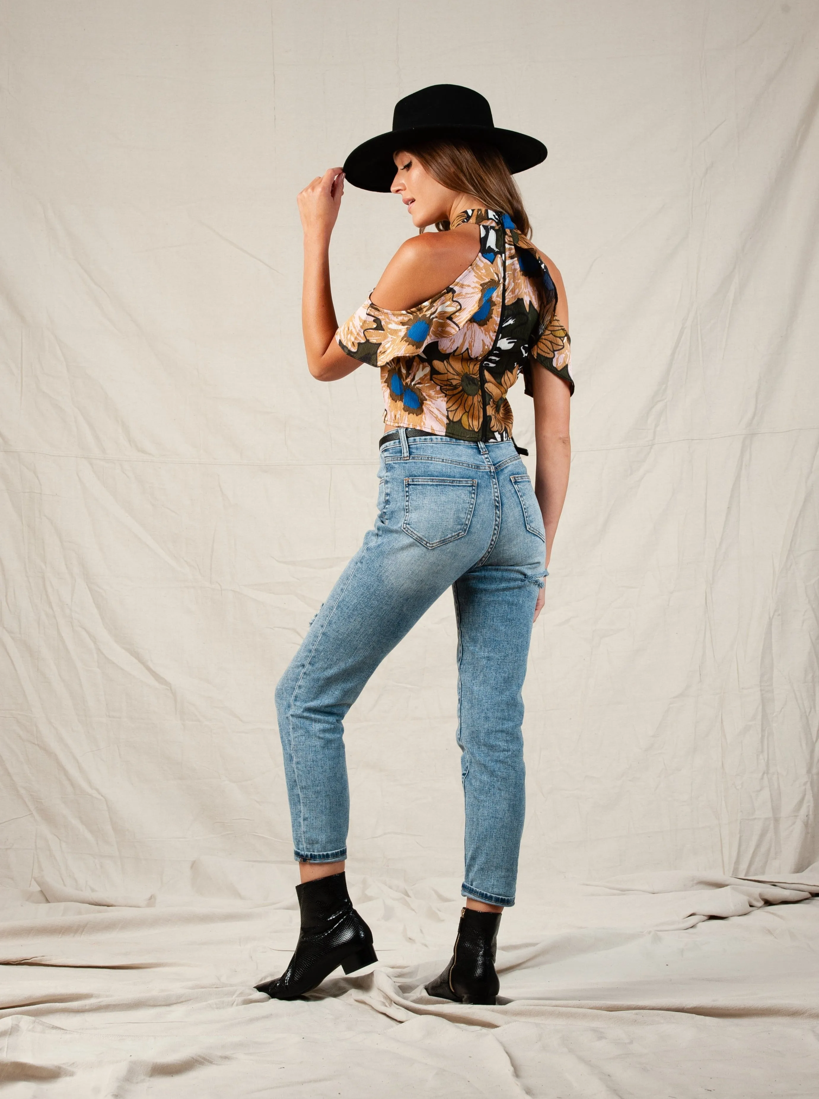 ARIA COLD SHOULDER CROP TOP-BLACK TAUPE FLORAL sold by Lucca Couture product image thumbnail 3