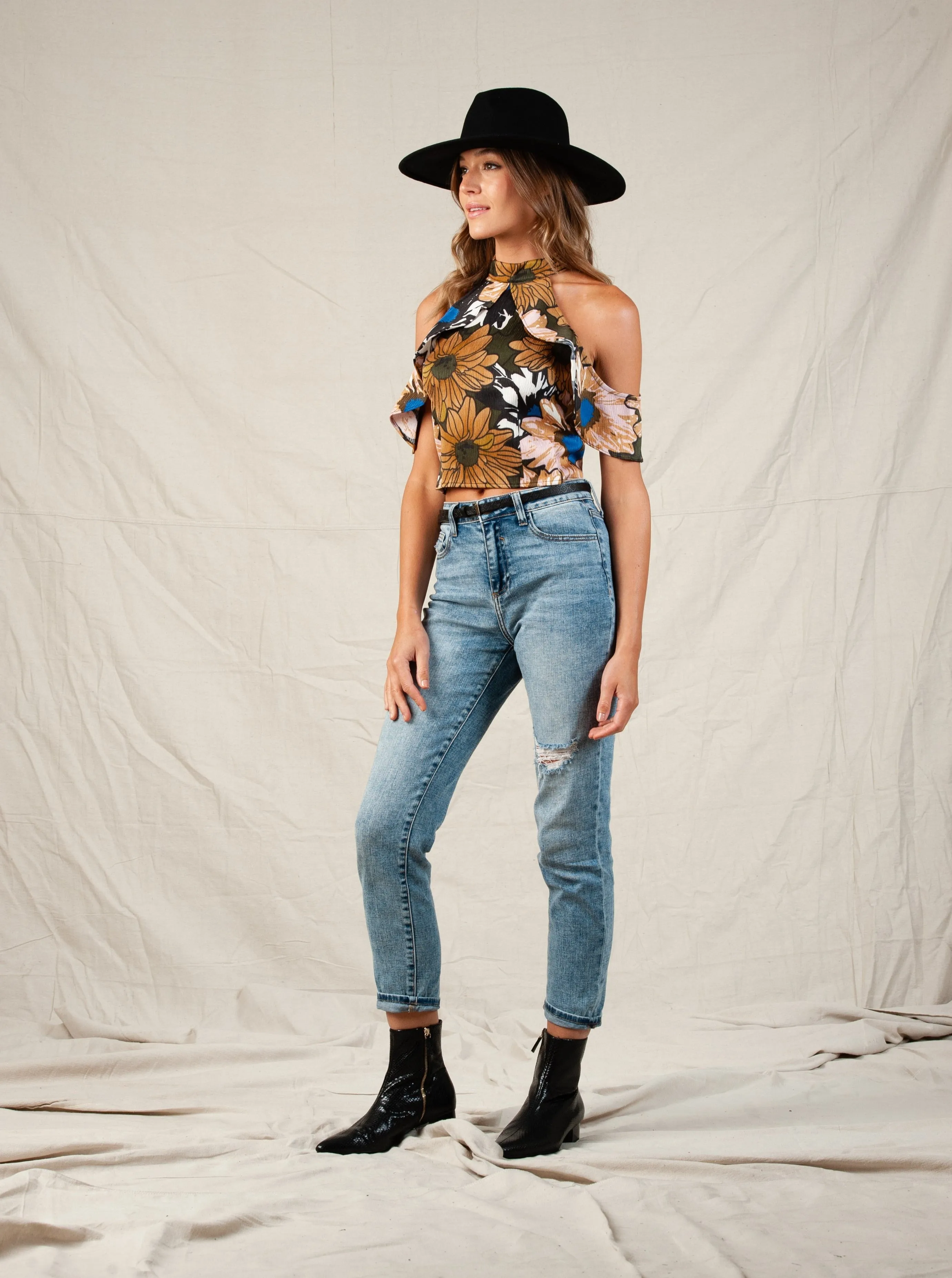 ARIA COLD SHOULDER CROP TOP-BLACK TAUPE FLORAL sold by Lucca Couture product image thumbnail 2