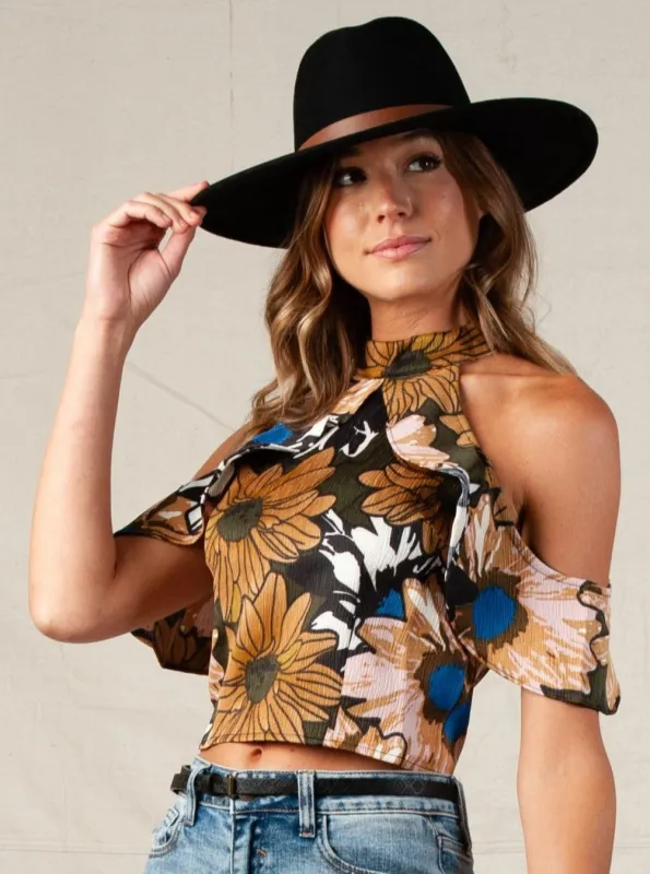 ARIA COLD SHOULDER CROP TOP-BLACK TAUPE FLORAL sold by Lucca Couture