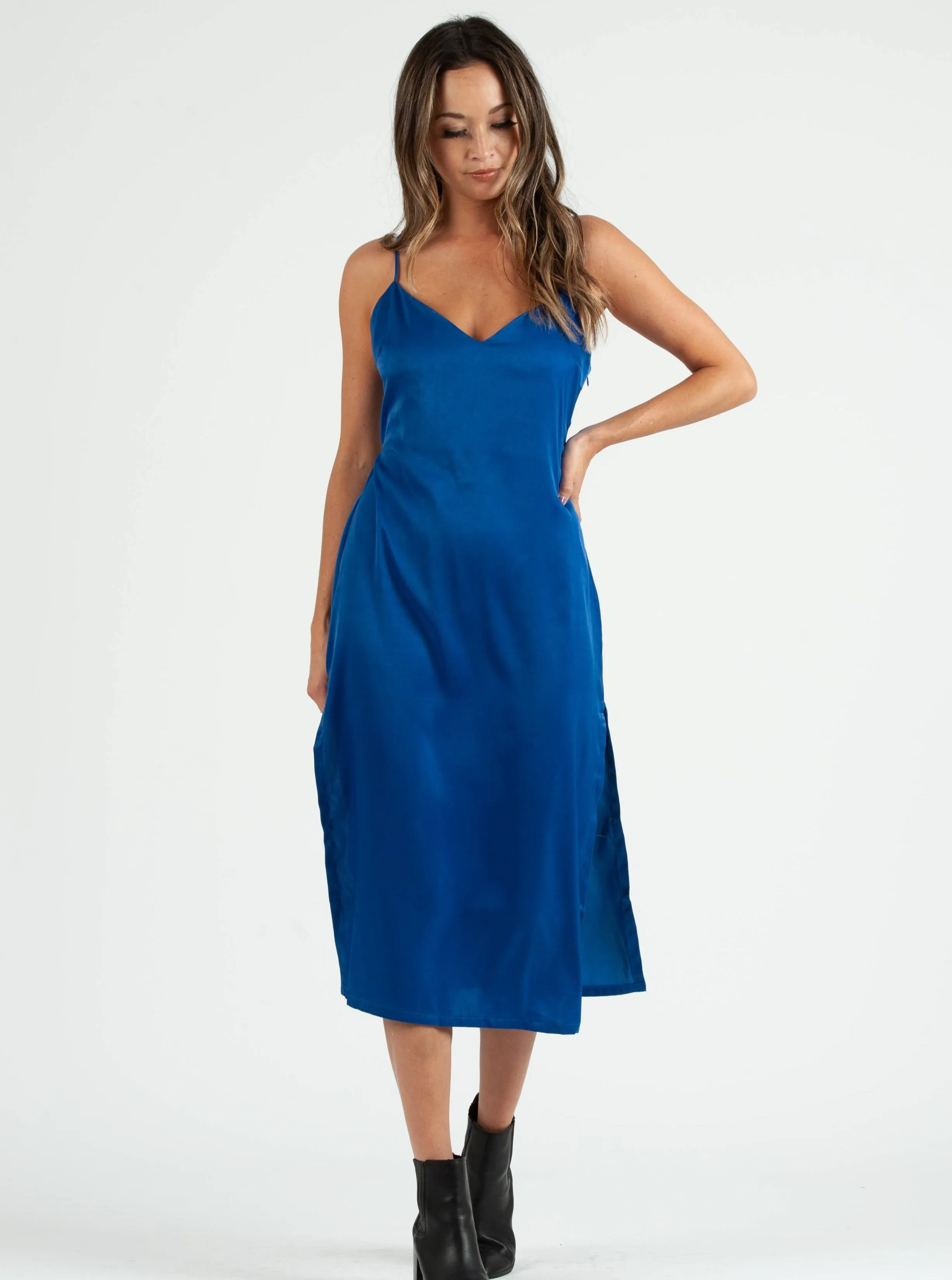 SIERRA SATIN TIE BACK DRESS-ROYAL BLUE sold by Lucca Couture