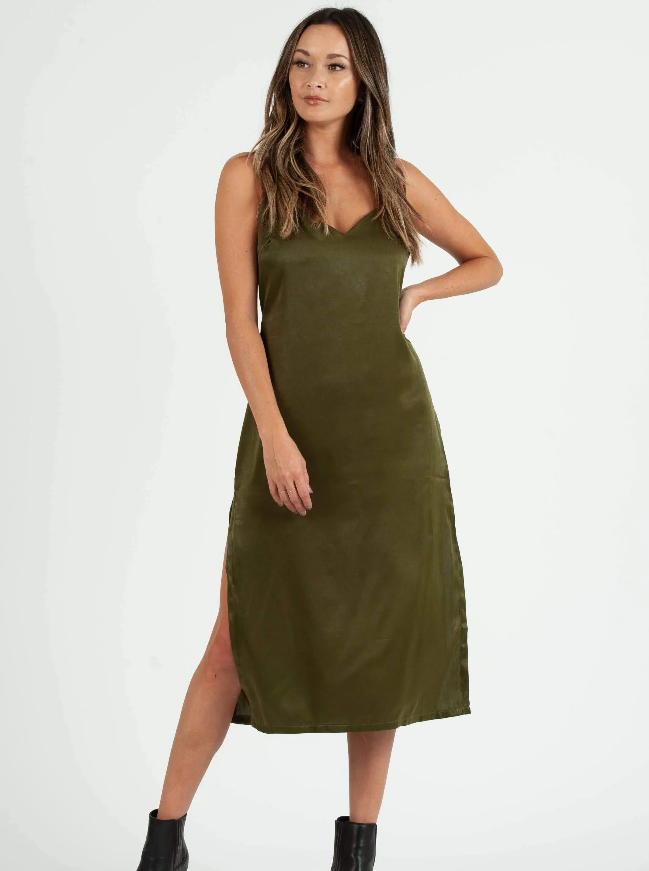 SIERRA SATIN TIE BACK DRESS-MOSS GREEN sold by Lucca Couture