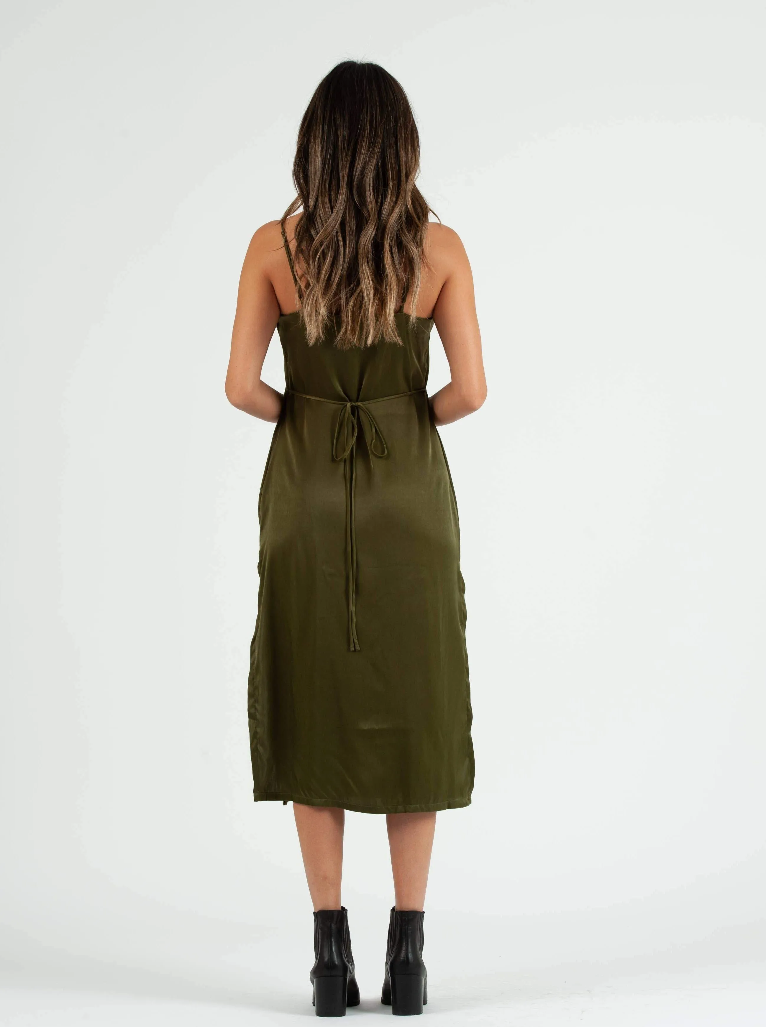 SIERRA SATIN TIE BACK DRESS-MOSS GREEN sold by Lucca Couture product image thumbnail 5
