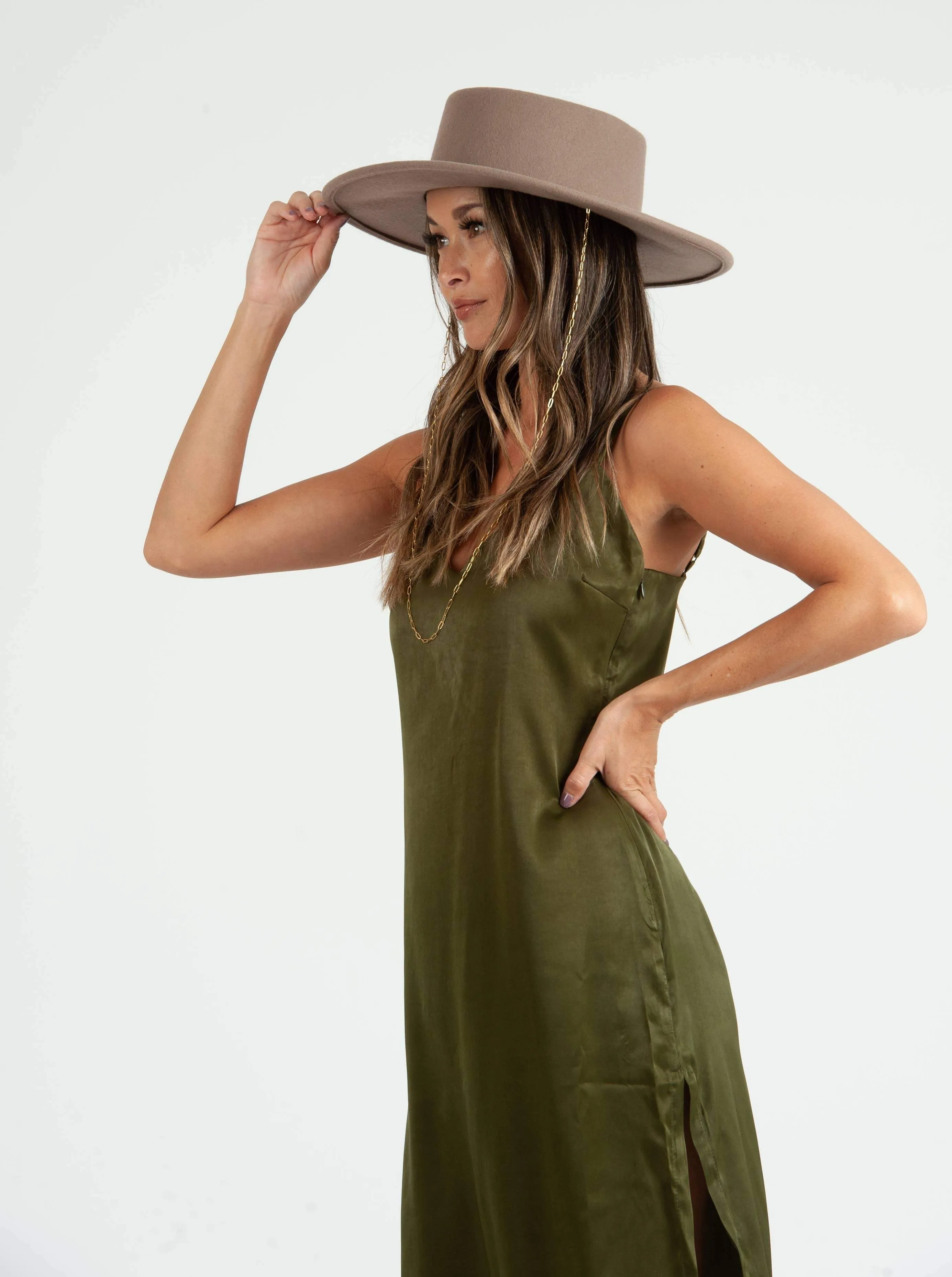 SIERRA SATIN TIE BACK DRESS-MOSS GREEN sold by Lucca Couture product image thumbnail 4