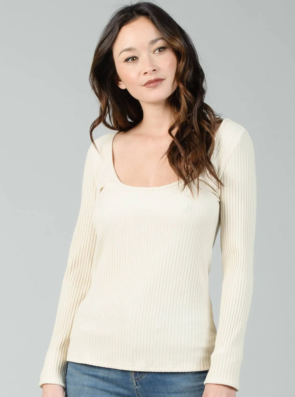 SQUARE KNIT LS RIBBED TOP-CREAM sold by Lucca Couture
