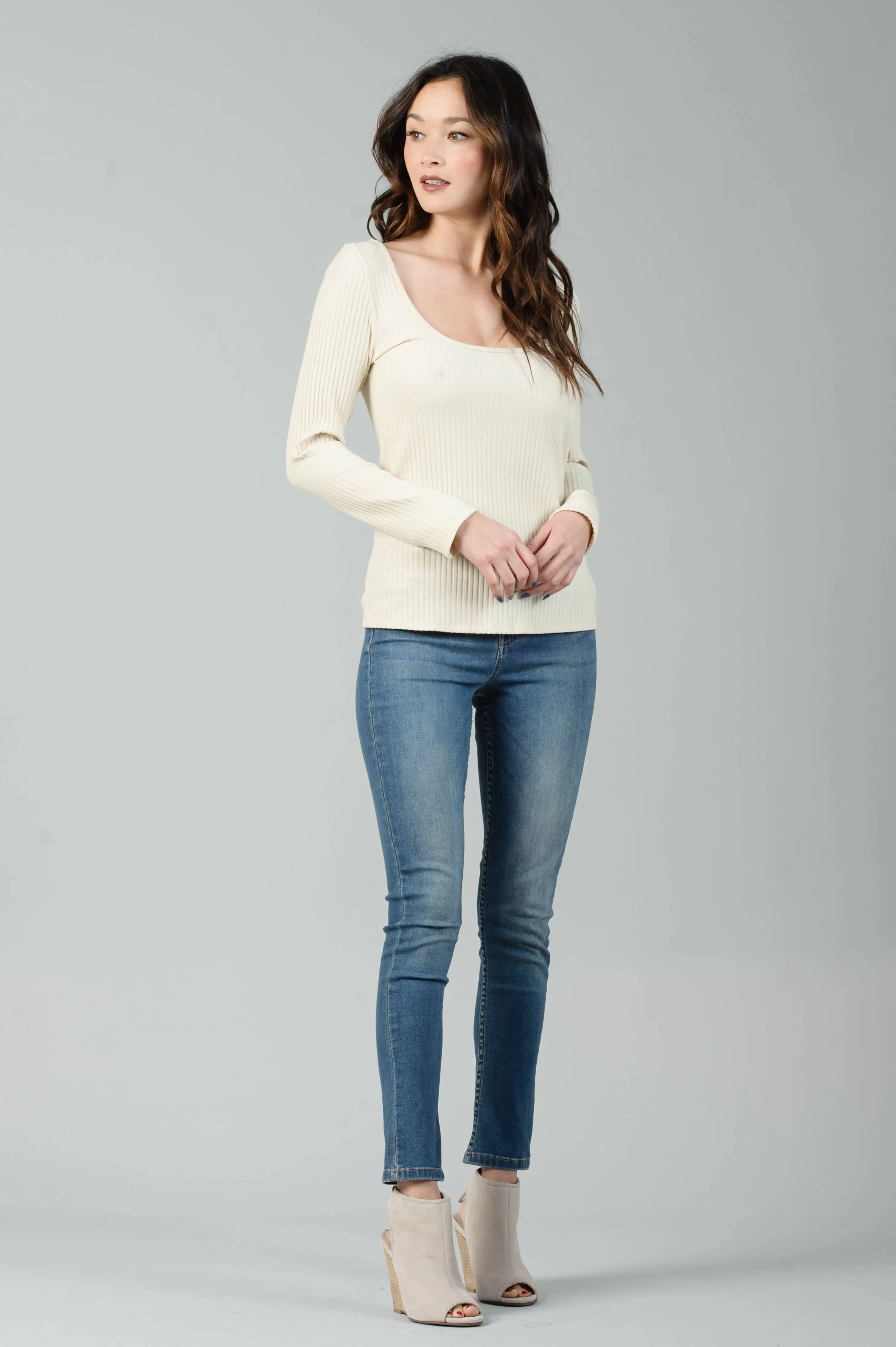 SQUARE KNIT LS RIBBED TOP-CREAM sold by Lucca Couture product image thumbnail 3
