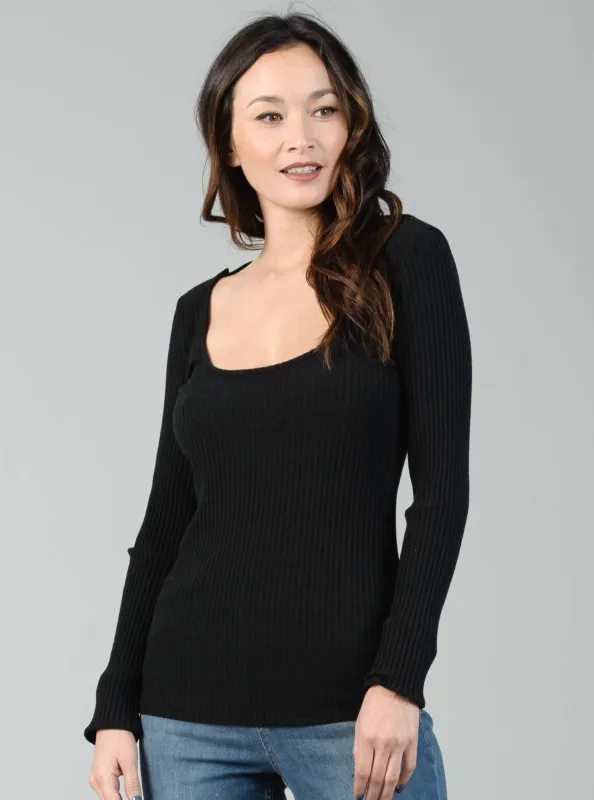 SQUARE KNIT RIBBED LS TOP -BLACK sold by Lucca Couture