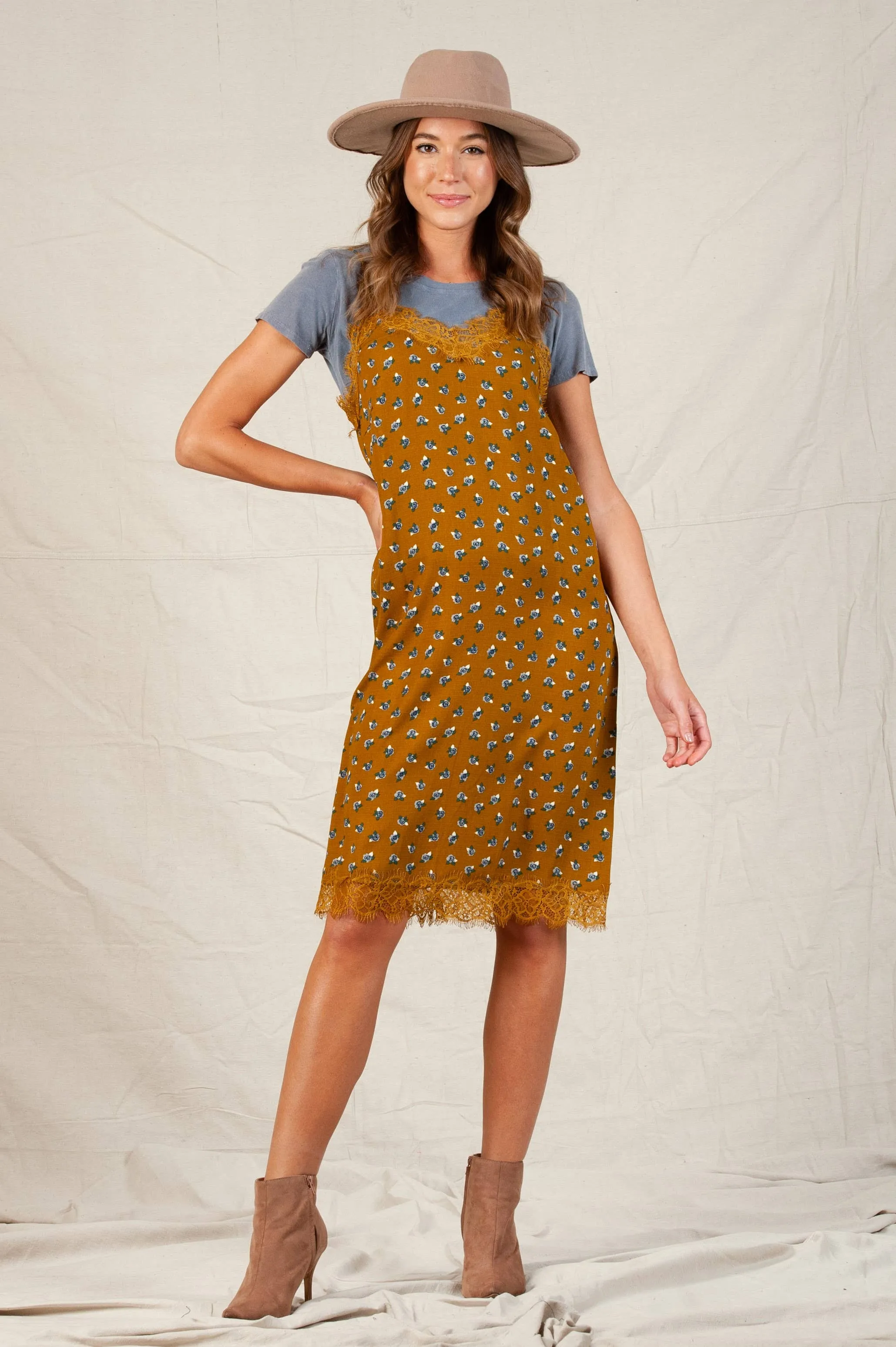 ASTRID DITSY SLIP DRESS-MUSTARD sold by Lucca Couture product image thumbnail 4