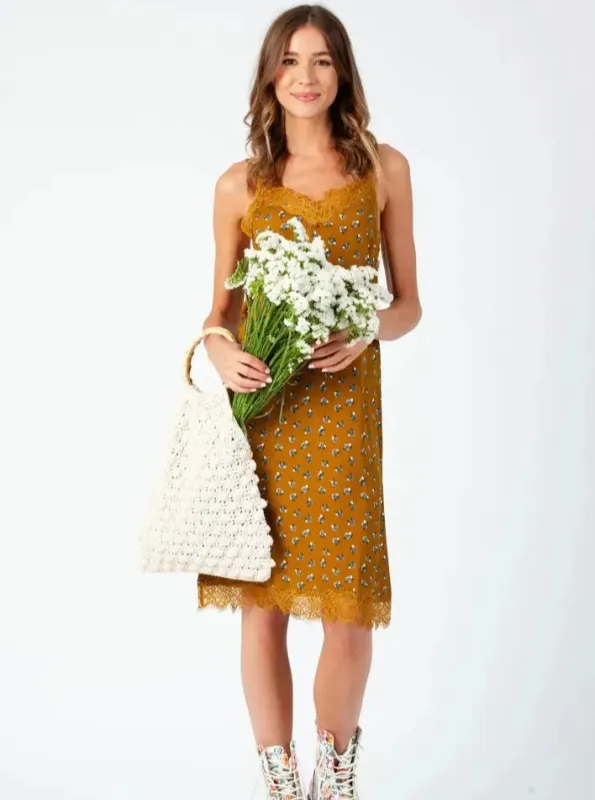 ASTRID DITSY SLIP DRESS-MUSTARD sold by Lucca Couture