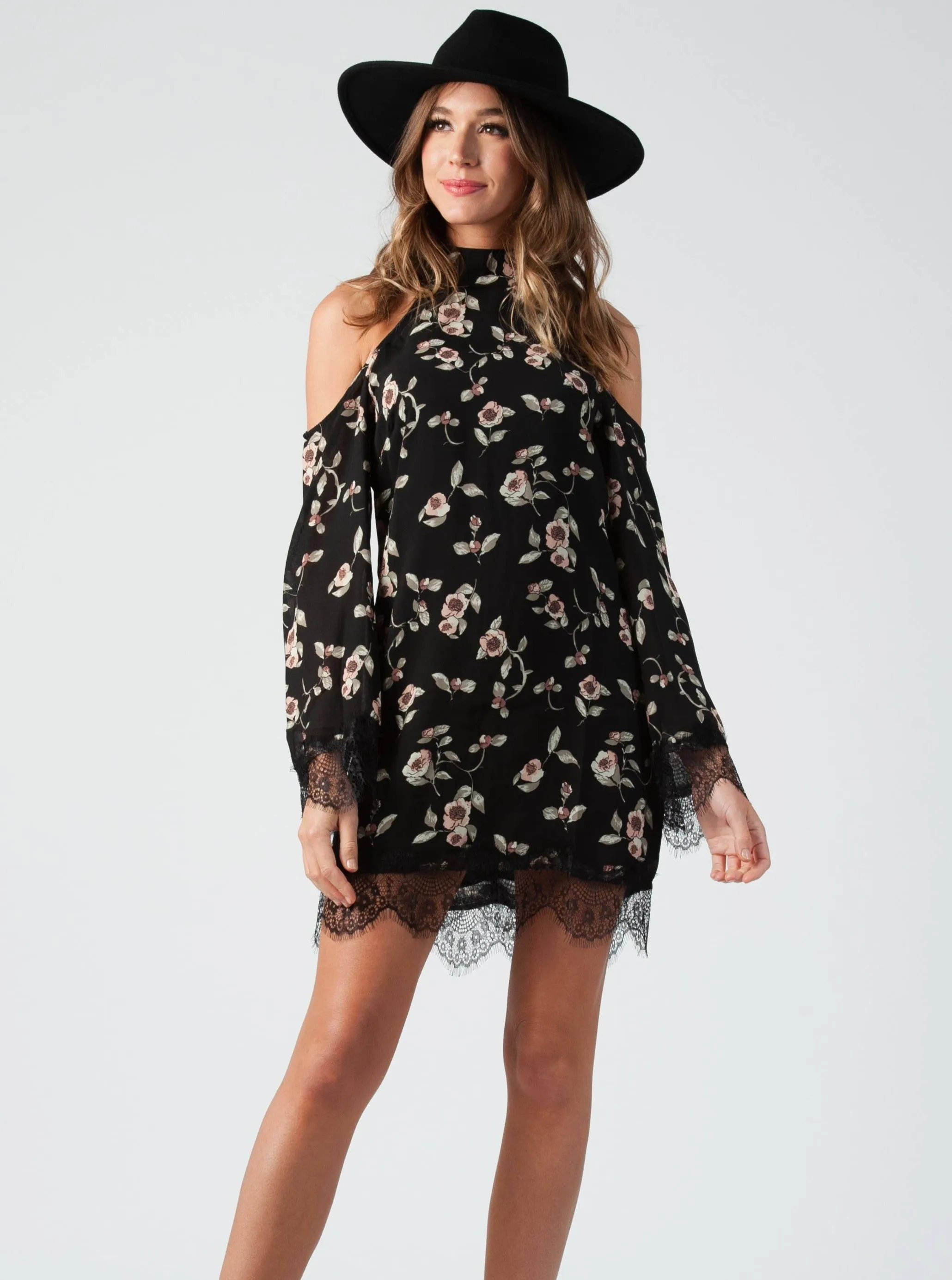 COLD SHOULDER LACE MIX DRESS-BLACK FLORAL sold by Lucca Couture