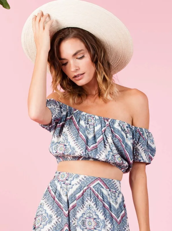 PAISLEY PRINTED OTS CROP TOP-BLUE/PINK sold by Lucca Couture