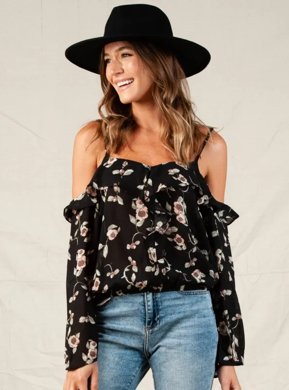 COLD SHOULDER RUFFLE TOP-BLACK FLORAL sold by Lucca Couture