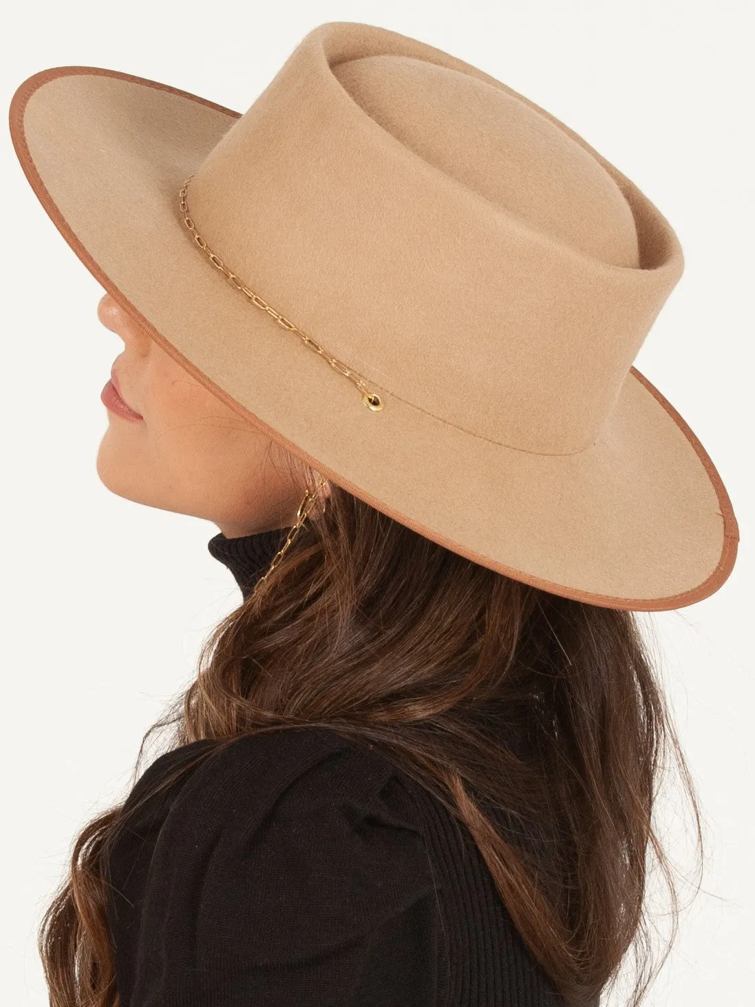 CHARLIE WOOL BOATER HAT W/ PAPERCLIP CHAIN-TAN sold by Lucca Couture product image thumbnail 2