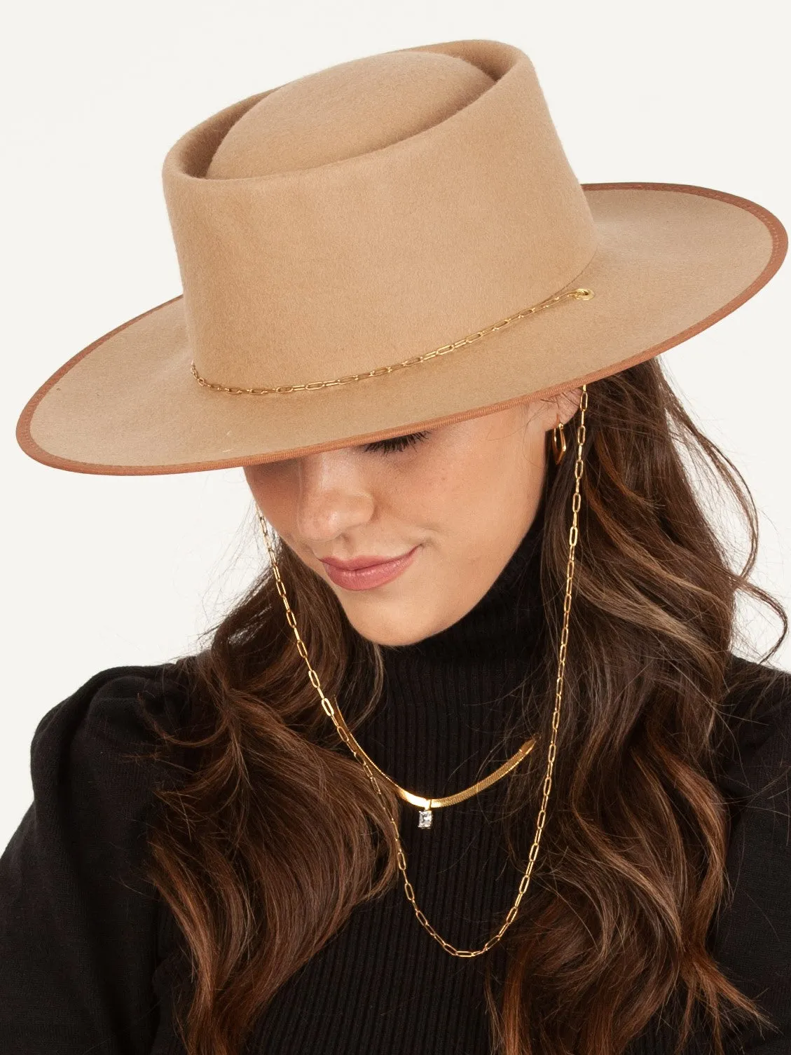 CHARLIE WOOL BOATER HAT W/ PAPERCLIP CHAIN-TAN sold by Lucca Couture product image thumbnail 5