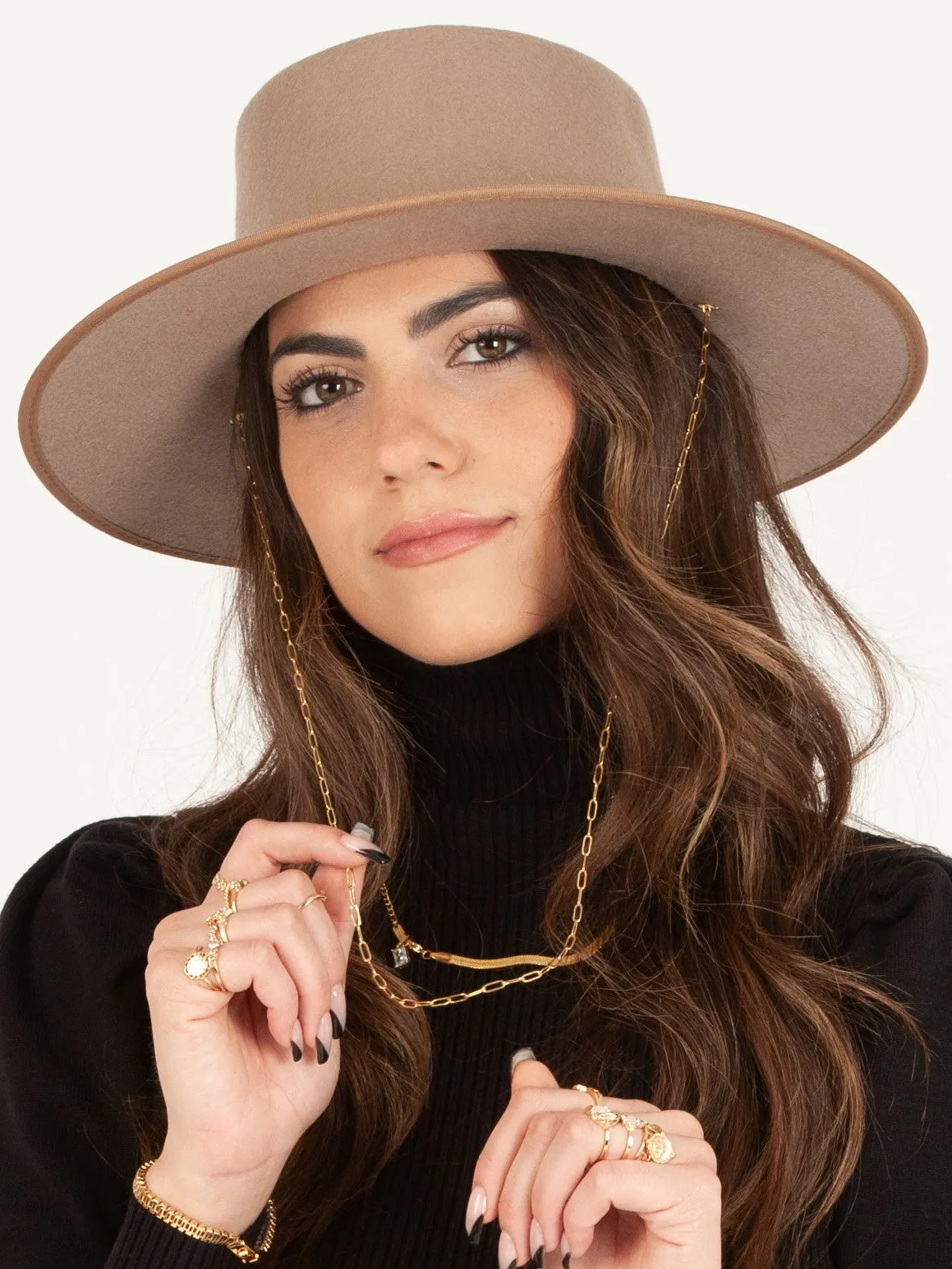 CHARLIE WOOL BOATER HAT W/ PAPERCLIP CHAIN-KHAKI sold by Lucca Couture