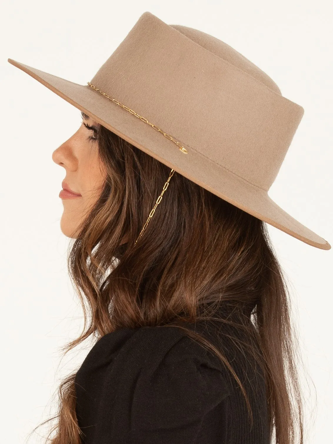 CHARLIE WOOL BOATER HAT W/ PAPERCLIP CHAIN-KHAKI sold by Lucca Couture product image thumbnail 2