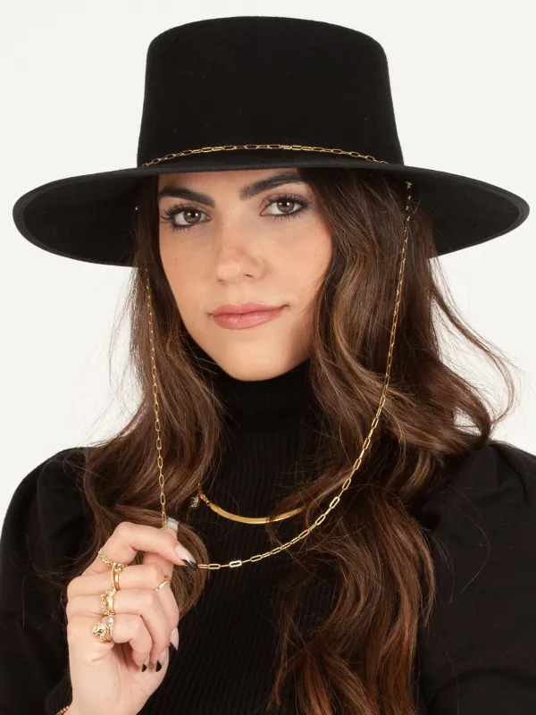 CHARLIE WOOL BOATER HAT W/ PAPERCLIP CHAIN-BLACK sold by Lucca Couture